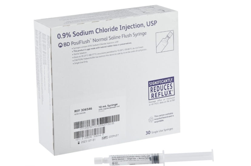 306546:  BD PosiFlush Pre-Filled Saline Syringe 10mL, priced per box of 30
