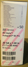 Load image into Gallery viewer, 381033:  BD Insyte Autoguard Blood Control 20GA x 1.00”, priced per box of 50