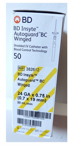 382612:  BD Insyte Autoguard Blood Control Pro 24GA x 0.75”, Winged, priced per box of 50